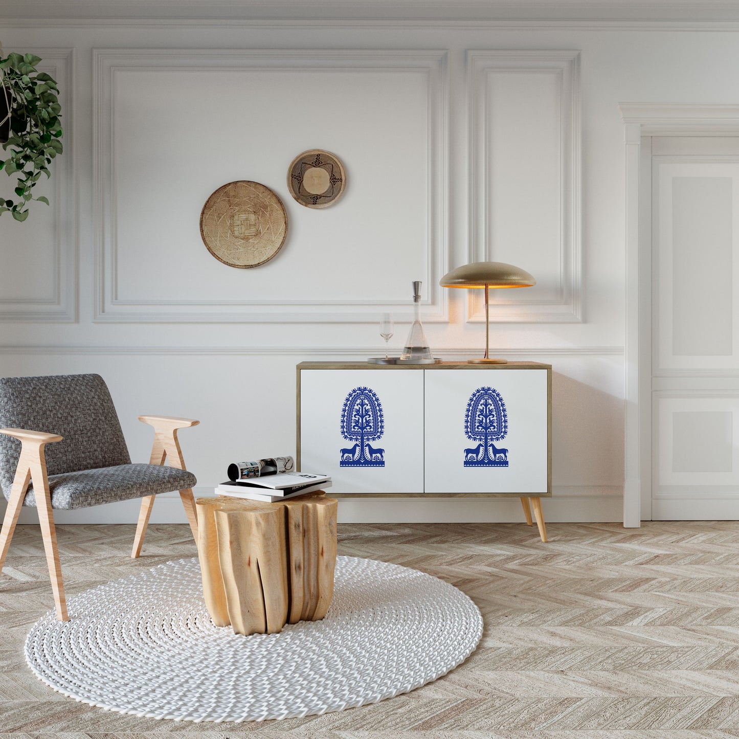 Credenza a 2 ante in stile FOLK ART POLACCO, effetto rovere