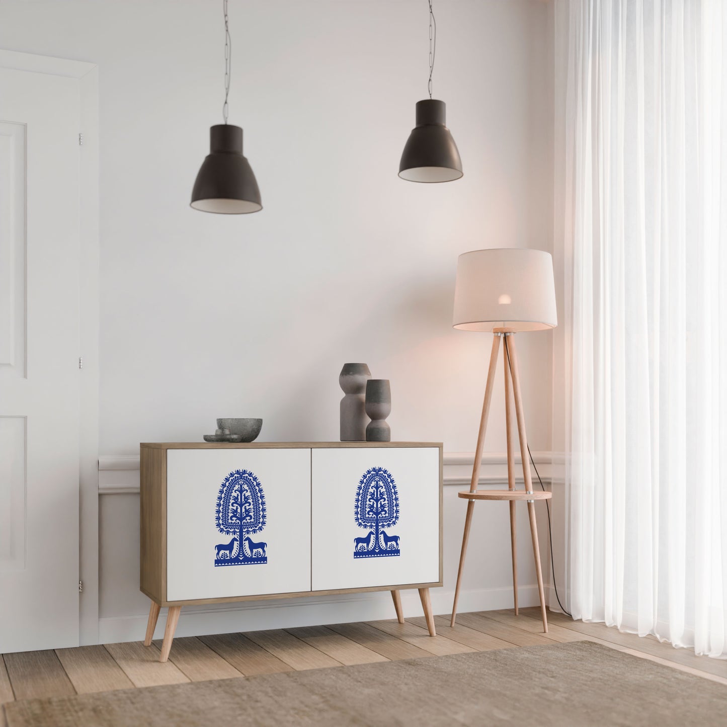 Credenza a 2 ante in stile FOLK ART POLACCO, effetto rovere