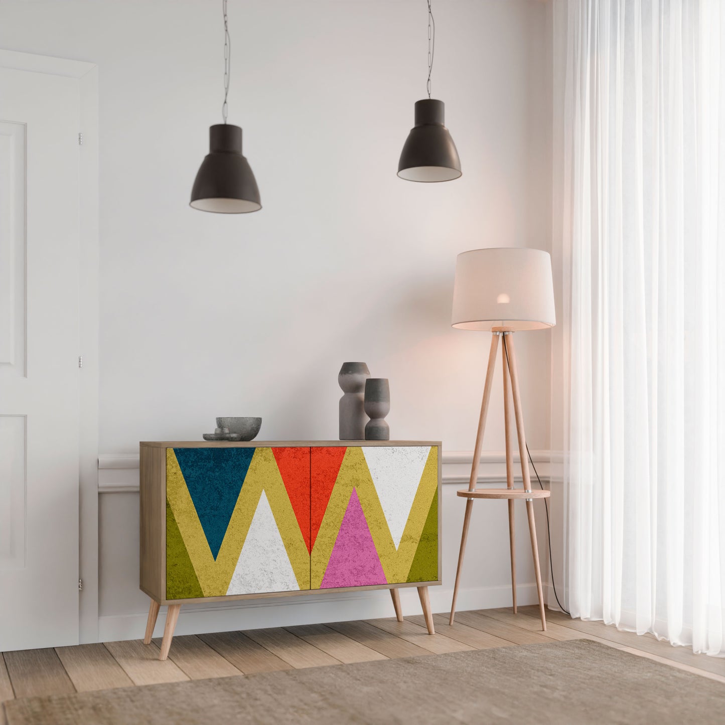 Credenza a 2 ante TRIANGOLI COLORATI effetto rovere