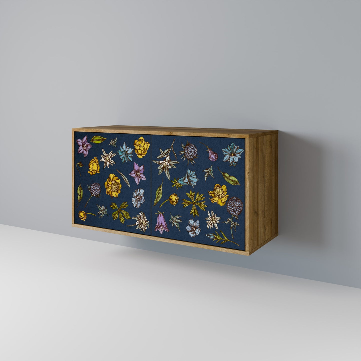 FLOWERS ON NAVY BLUE 2-Door Sideboard in Oak Effect