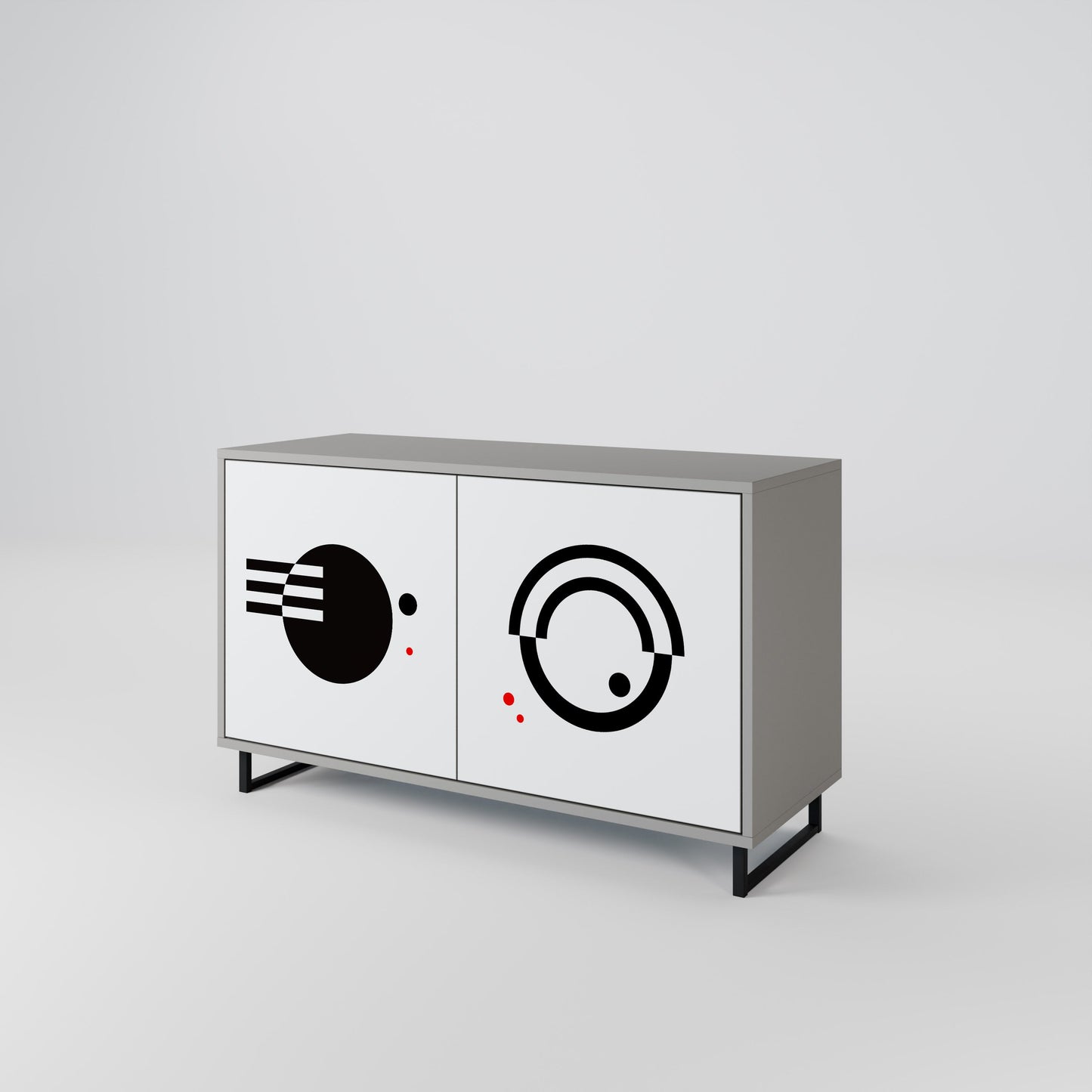 Credenza a 2 ante con combinazione bianca e nera, finitura grigia