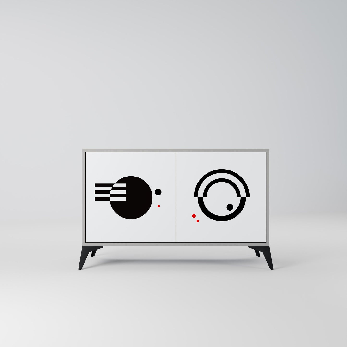 Credenza a 2 ante con combinazione bianca e nera, finitura grigia