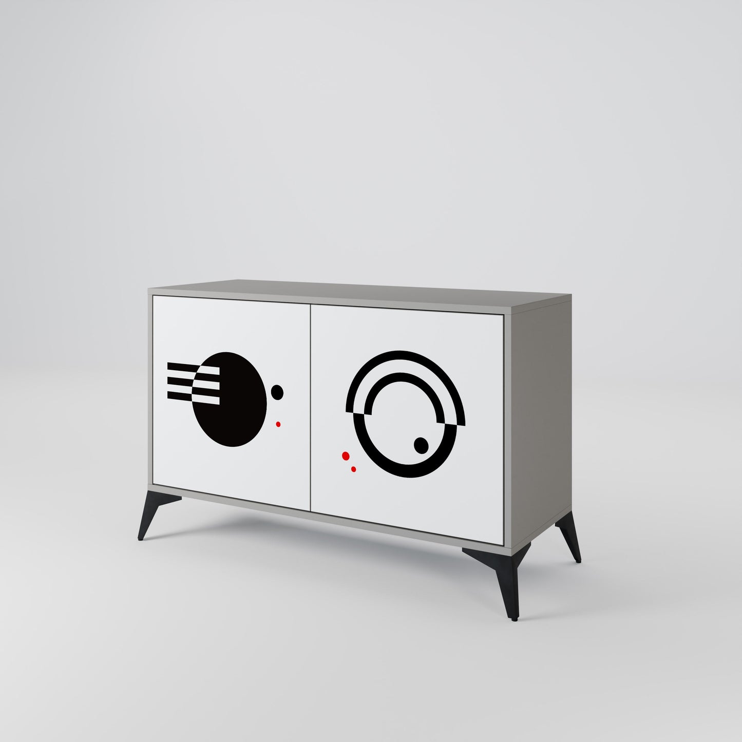 Credenza a 2 ante con combinazione bianca e nera, finitura grigia