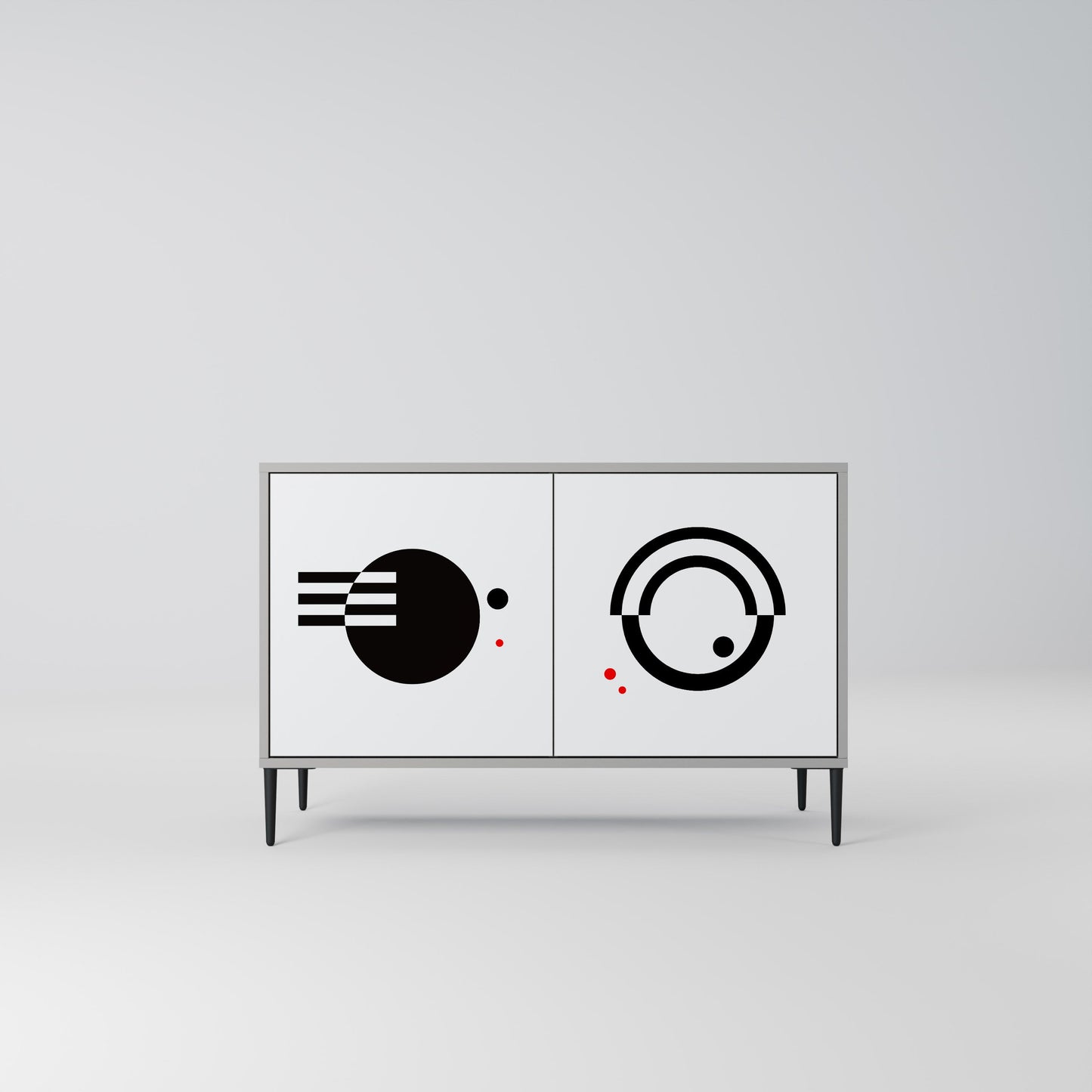 Credenza a 2 ante con combinazione bianca e nera, finitura grigia
