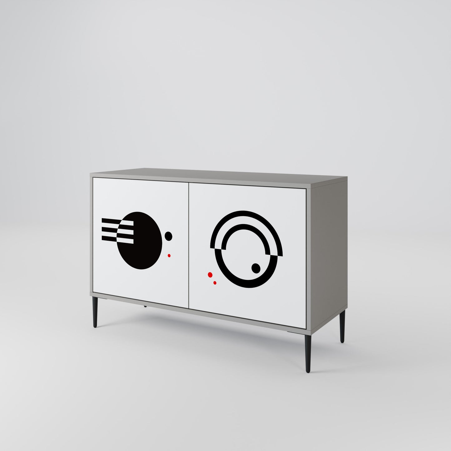 Credenza a 2 ante con combinazione bianca e nera, finitura grigia