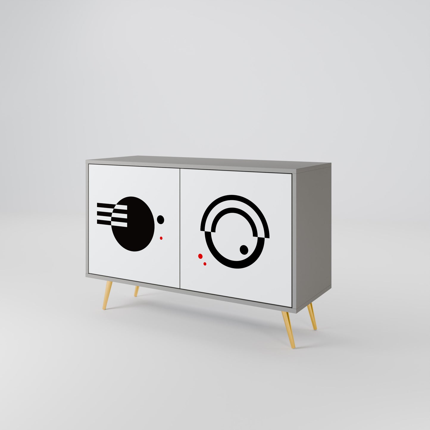 Credenza a 2 ante con combinazione bianca e nera, finitura grigia