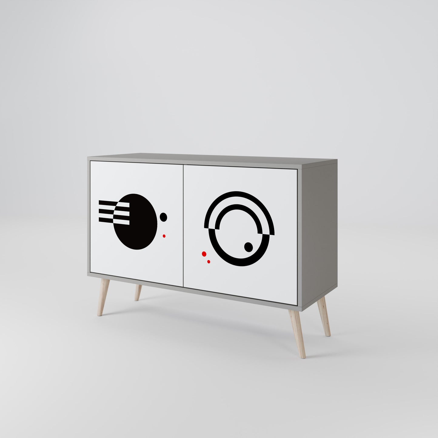 Credenza a 2 ante con combinazione bianca e nera, finitura grigia
