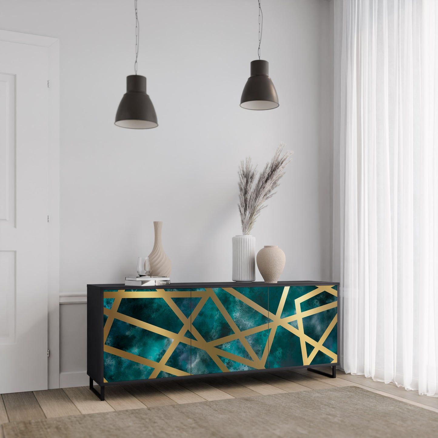 Credenza a 3 ante THE LABYRINTH OF GOLD con finitura nera