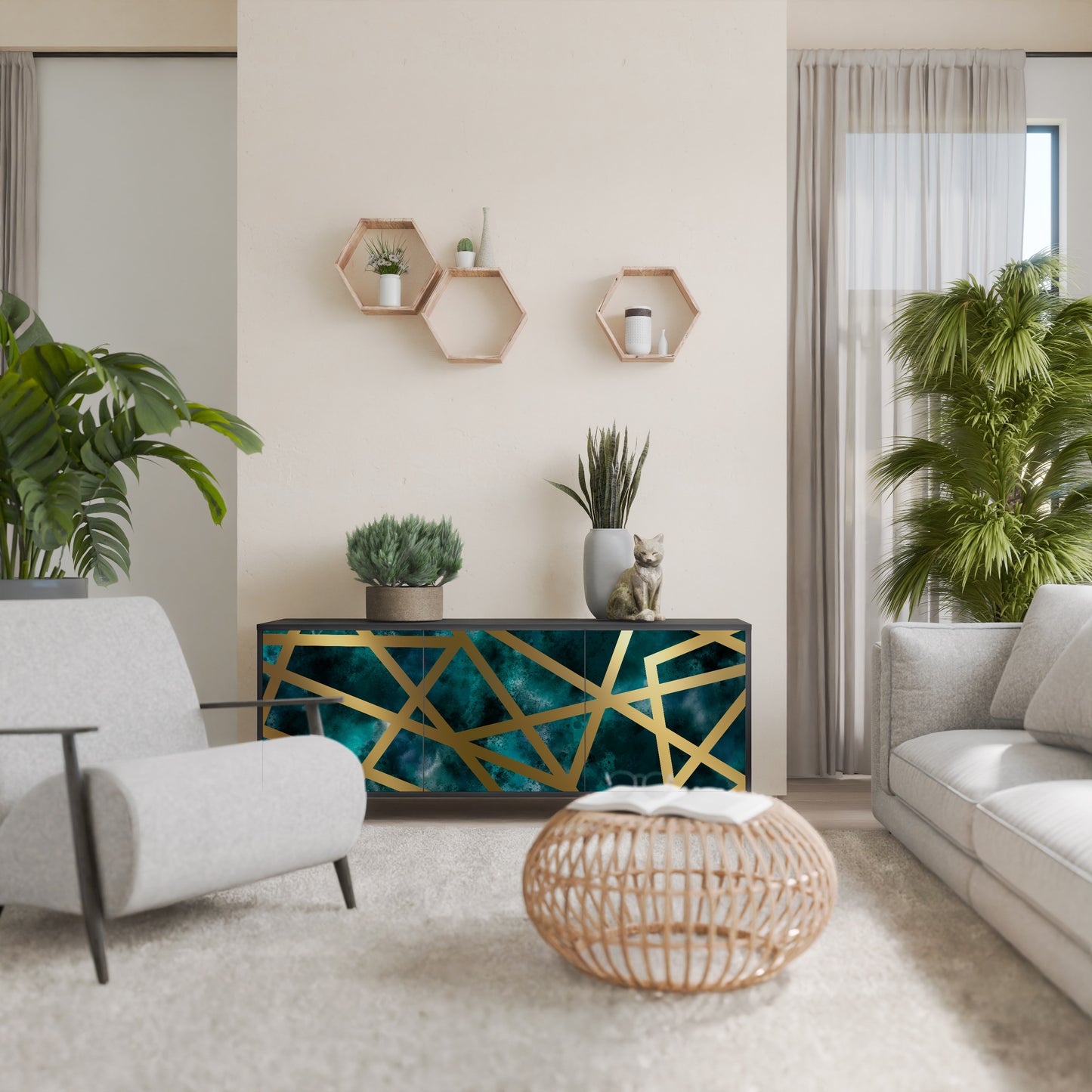 Credenza a 3 ante THE LABYRINTH OF GOLD con finitura nera