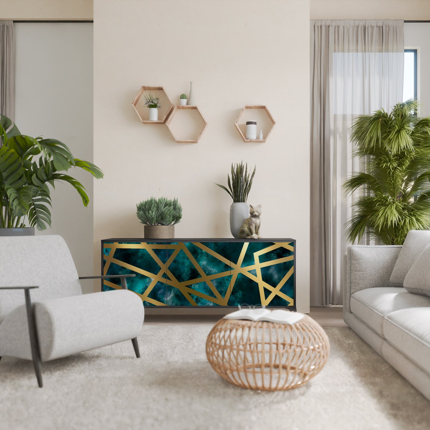 Credenza a 3 ante THE LABYRINTH OF GOLD con finitura nera