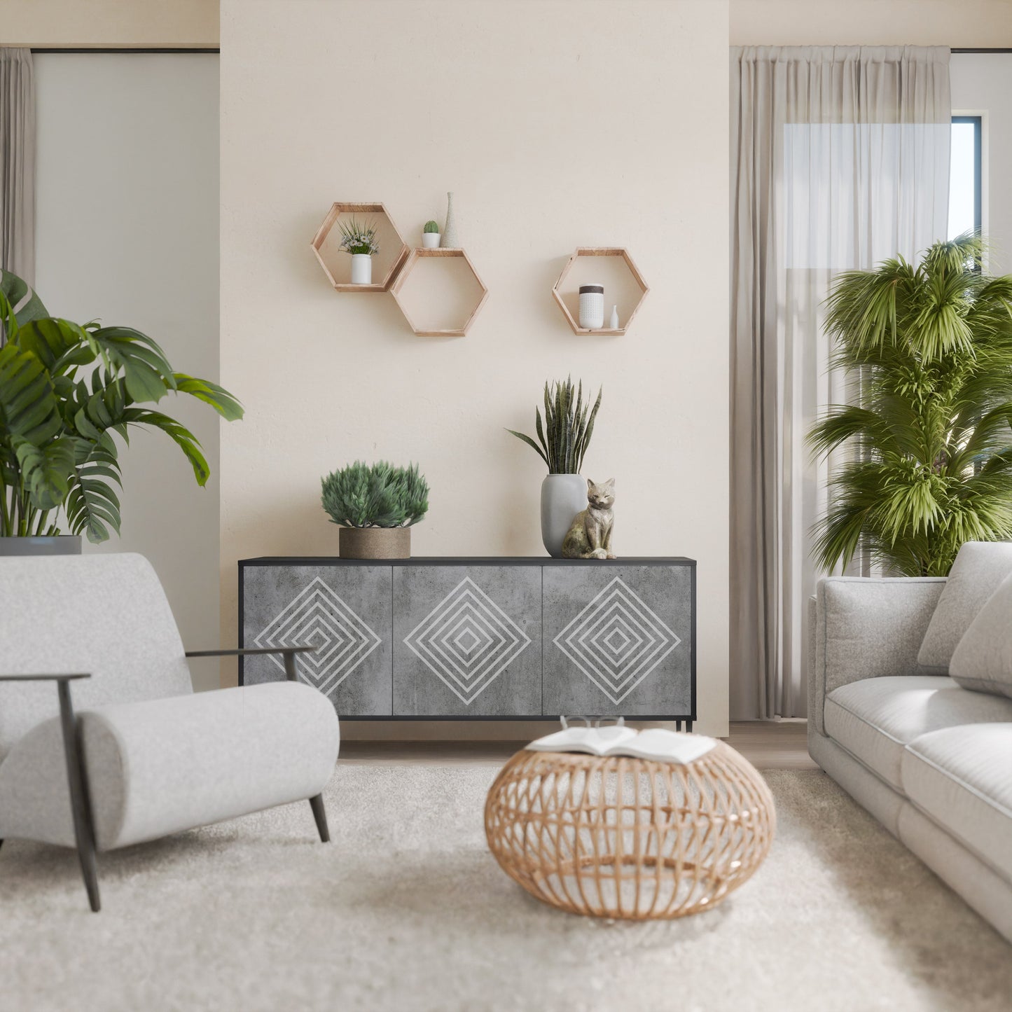 Credenza a 3 ante POLYGONAL ARTISTRY in finitura nera