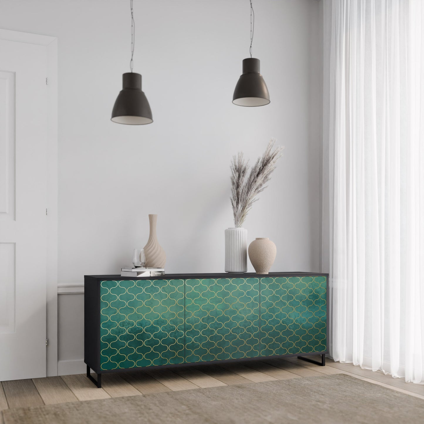 TESSELATED GREENERY 3-Door Sideboard in Black Finish