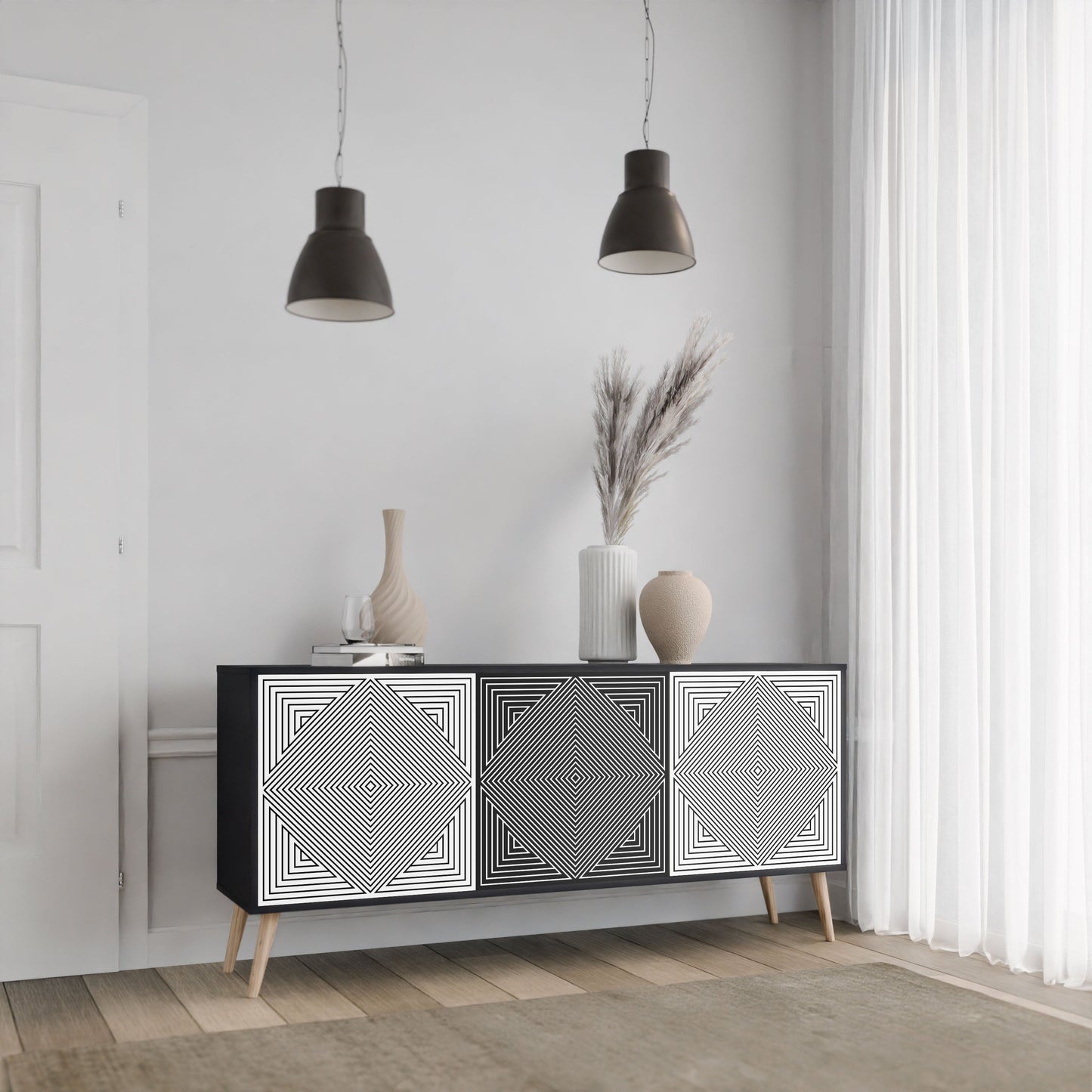 Credenza POLYGON ILLUSION a 3 ante in finitura nera