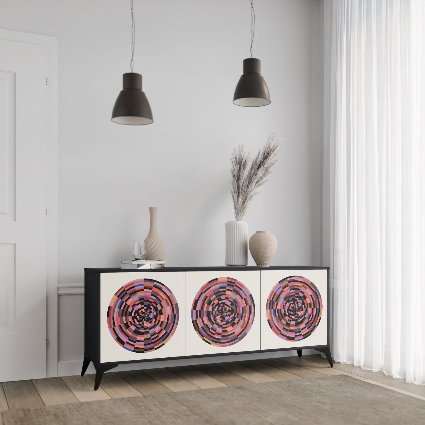 BROWN CIRCLES 3-Door Sideboard in Black Finish
