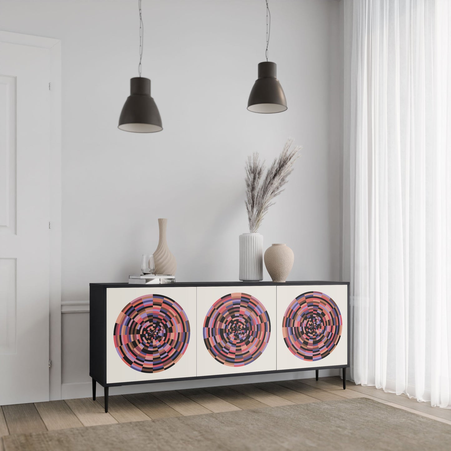 BROWN CIRCLES 3-Door Sideboard in Black Finish