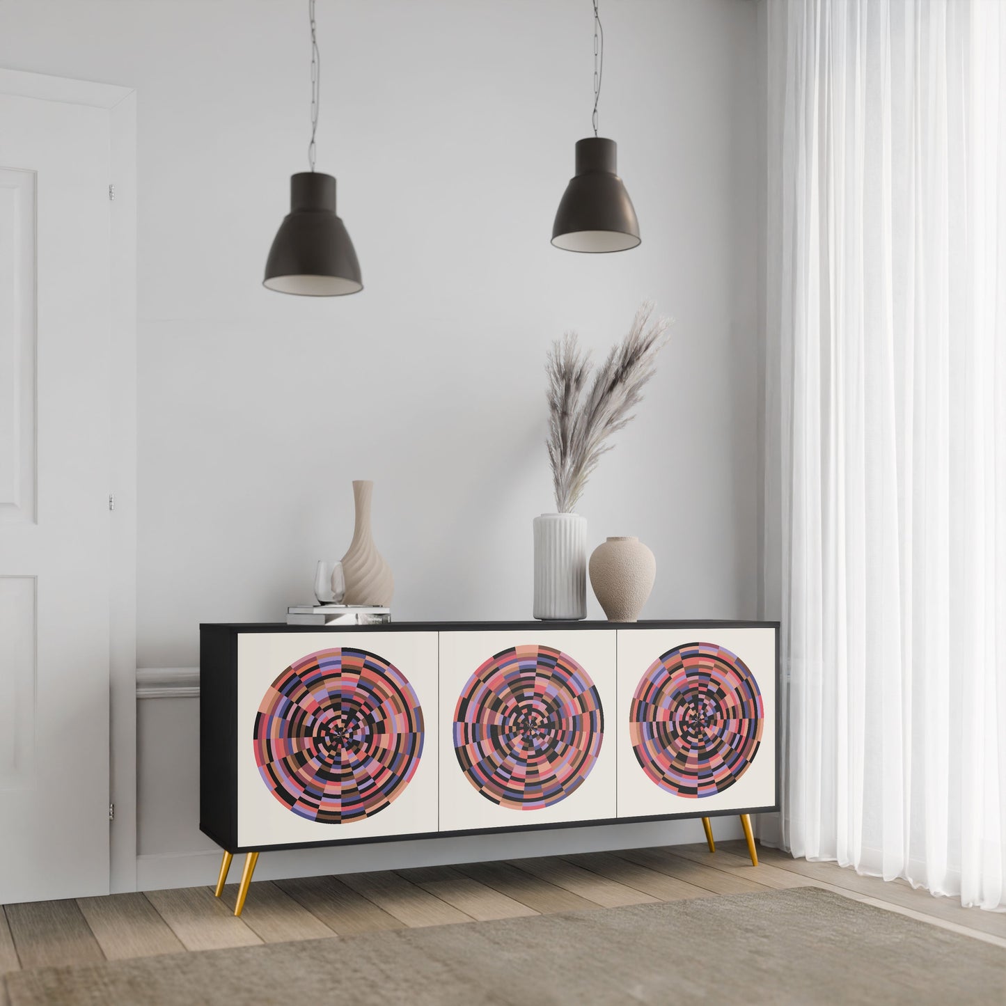 BROWN CIRCLES 3-Door Sideboard in Black Finish