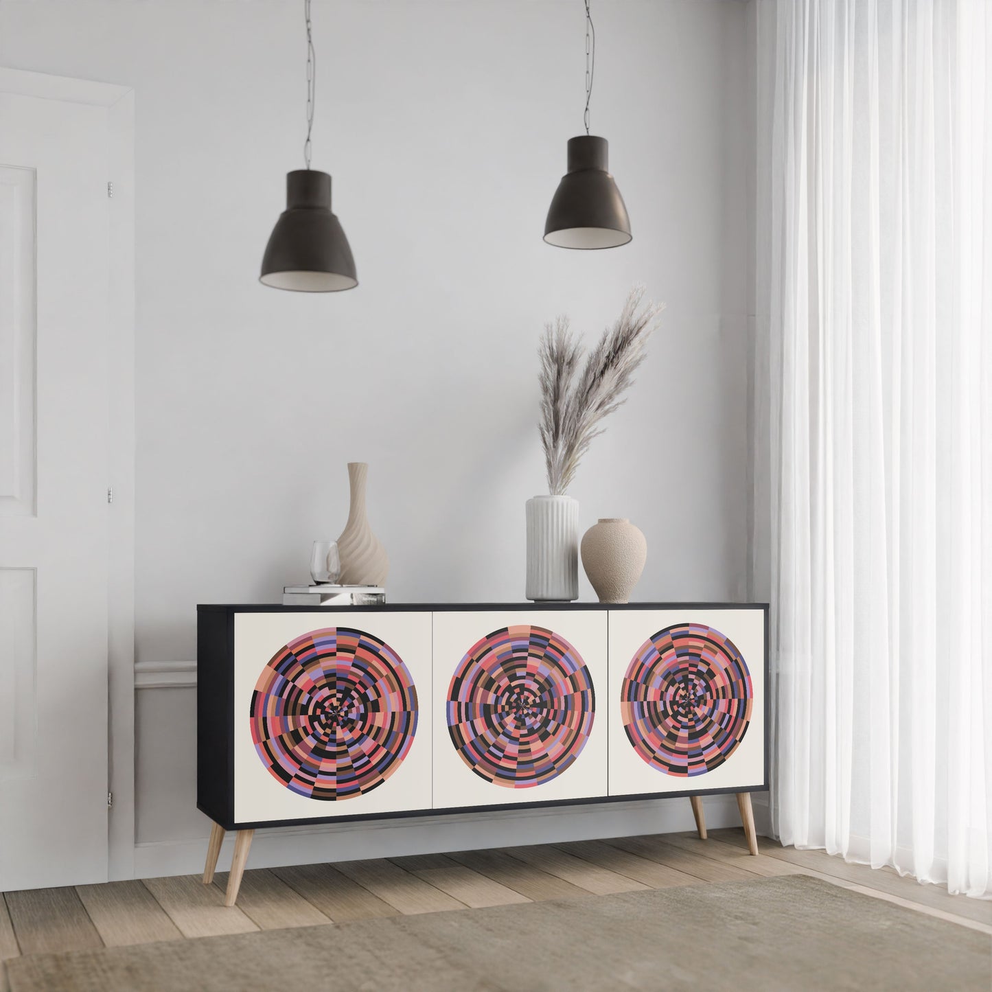 BROWN CIRCLES 3-Door Sideboard in Black Finish