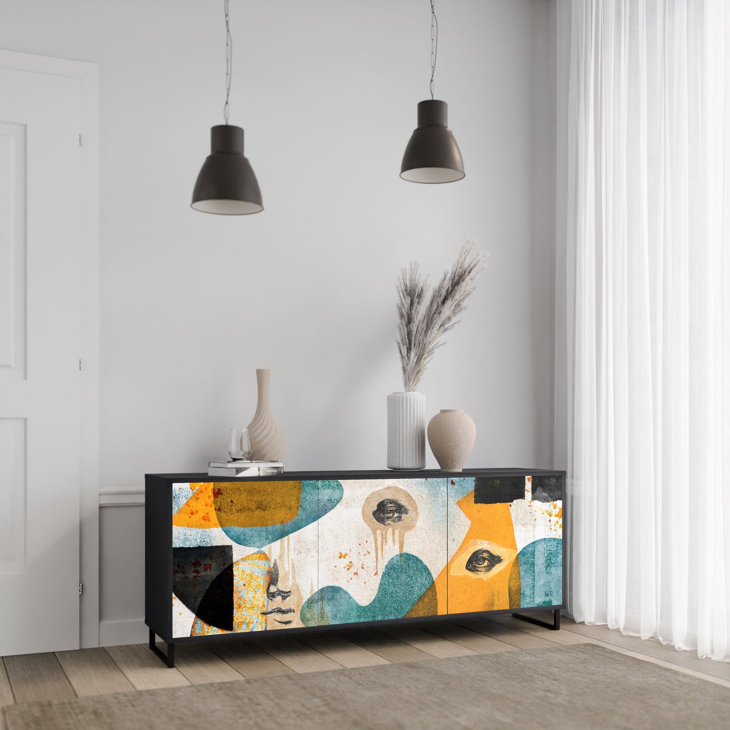 Credenza a 3 ante ABSTRACT FACES in finitura nera