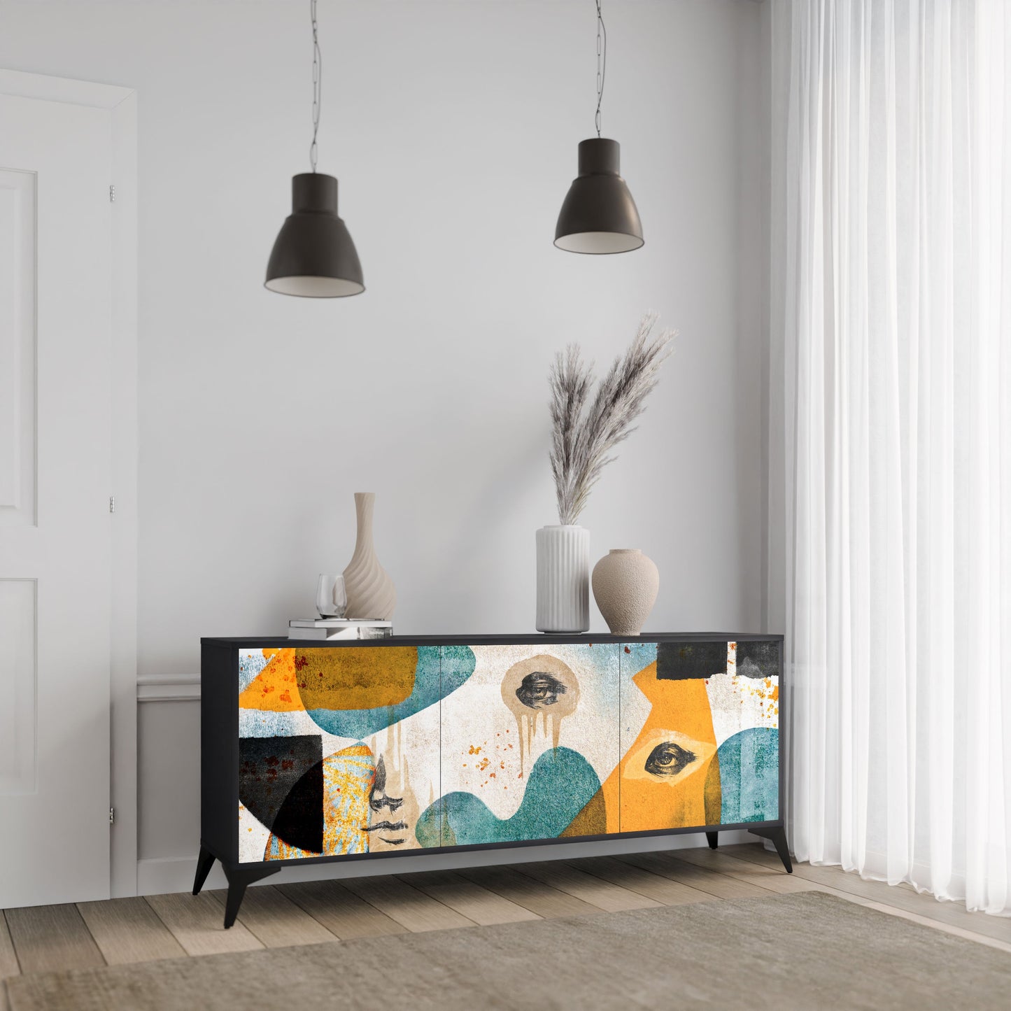 Credenza a 3 ante ABSTRACT FACES in finitura nera