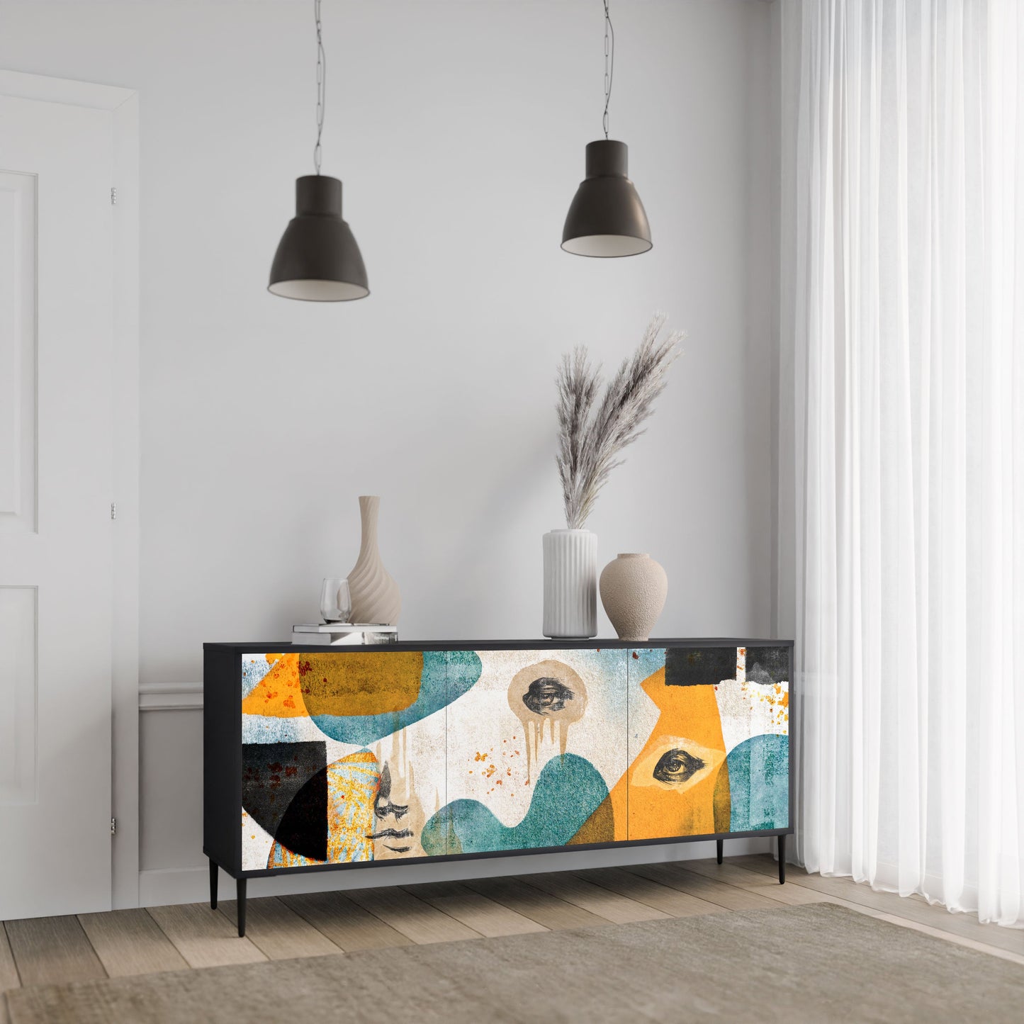 Credenza a 3 ante ABSTRACT FACES in finitura nera
