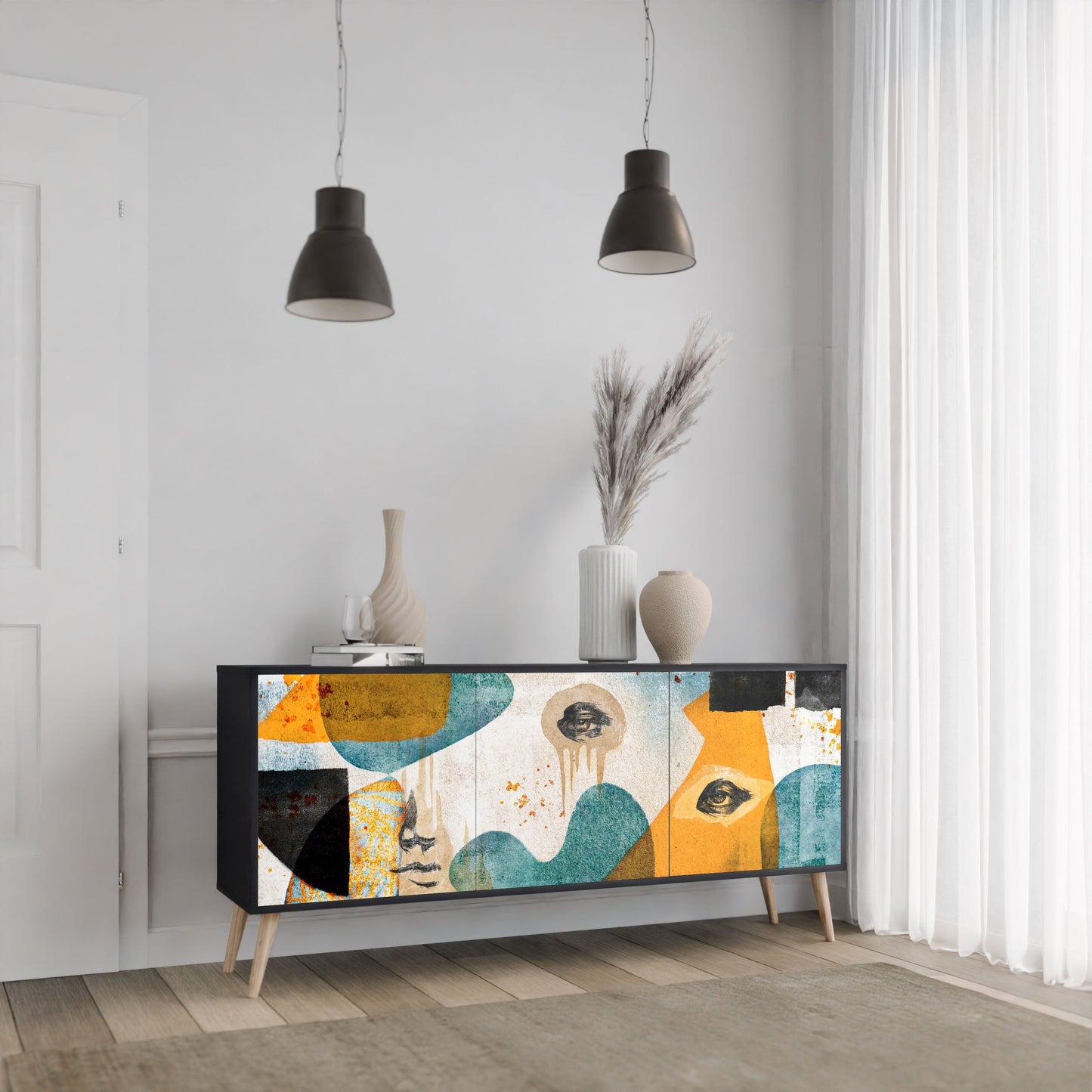 Credenza a 3 ante ABSTRACT FACES in finitura nera
