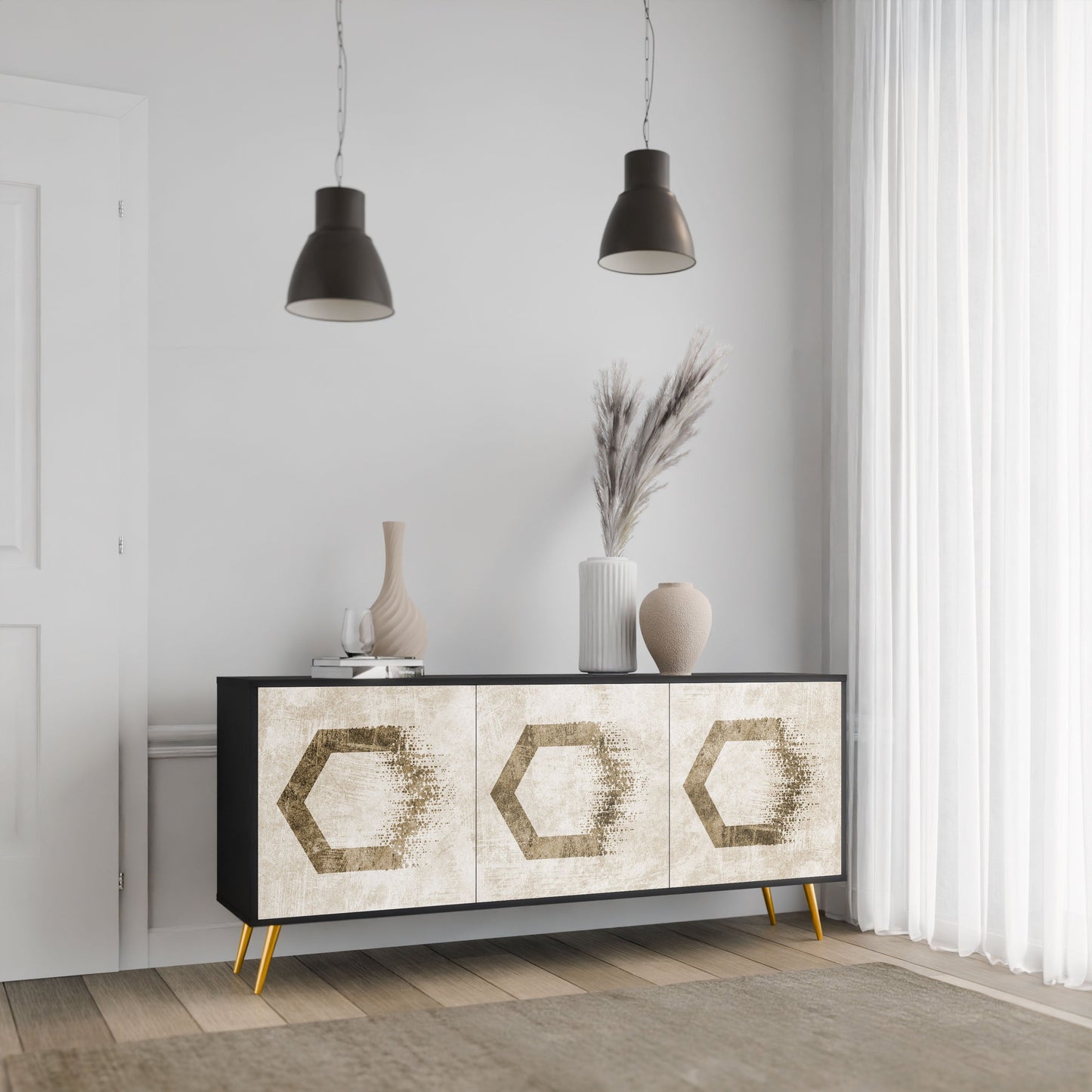 Credenza a 3 ante HEXAGONAL SHAPES in finitura nera