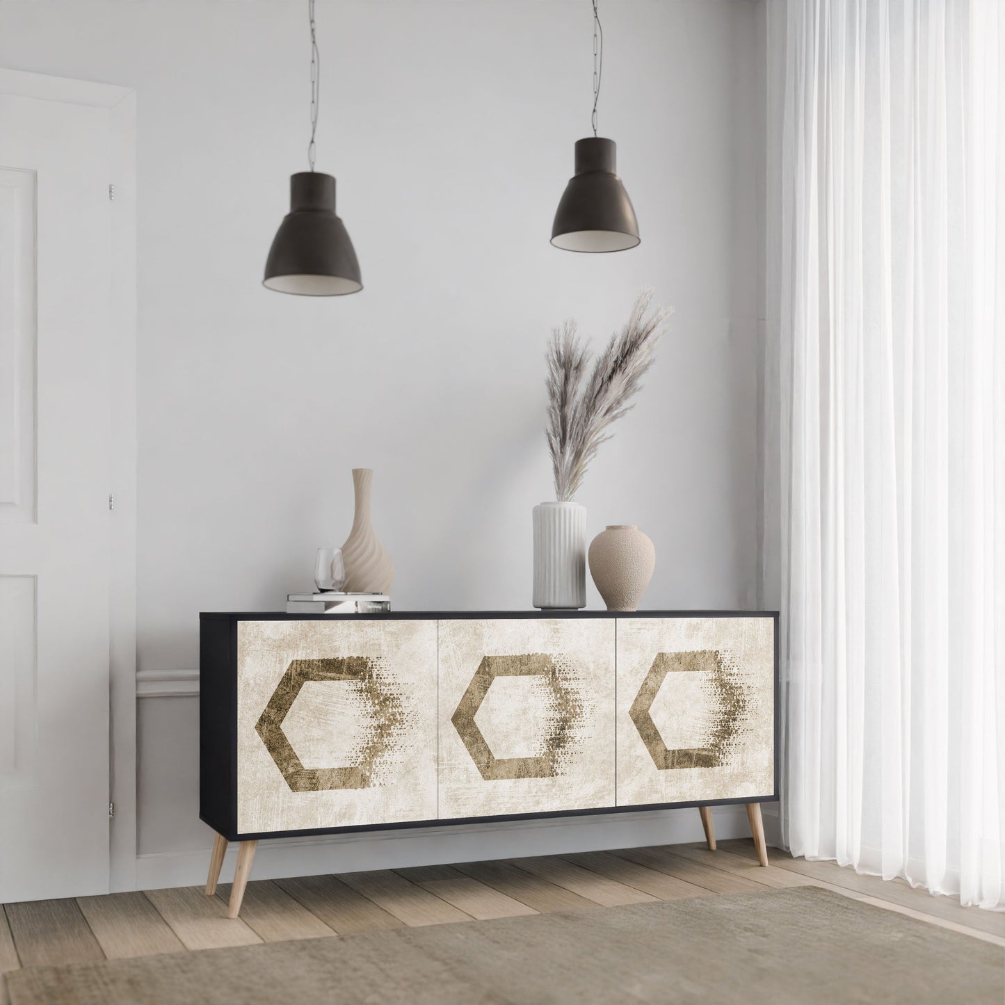 Credenza a 3 ante HEXAGONAL SHAPES in finitura nera