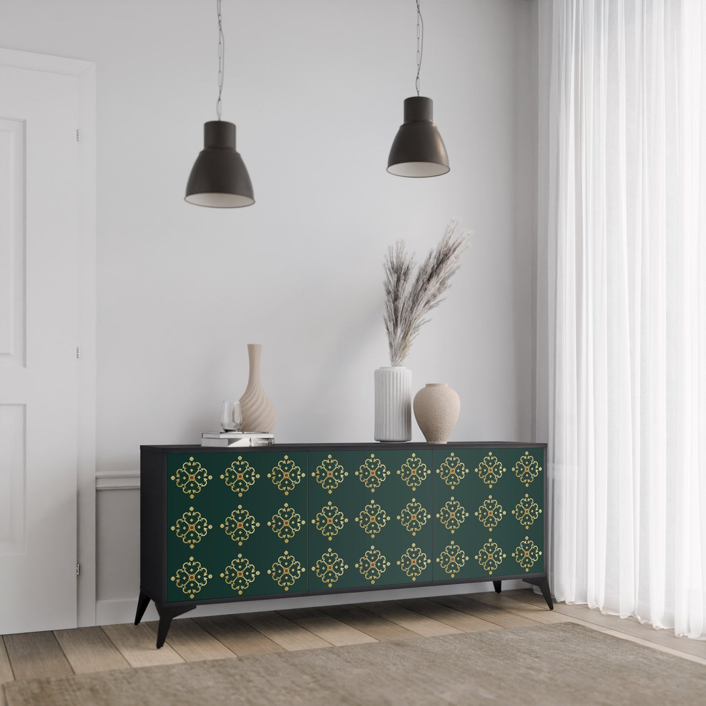 Credenza a 3 ante ROYAL MEDALLION in finitura nera