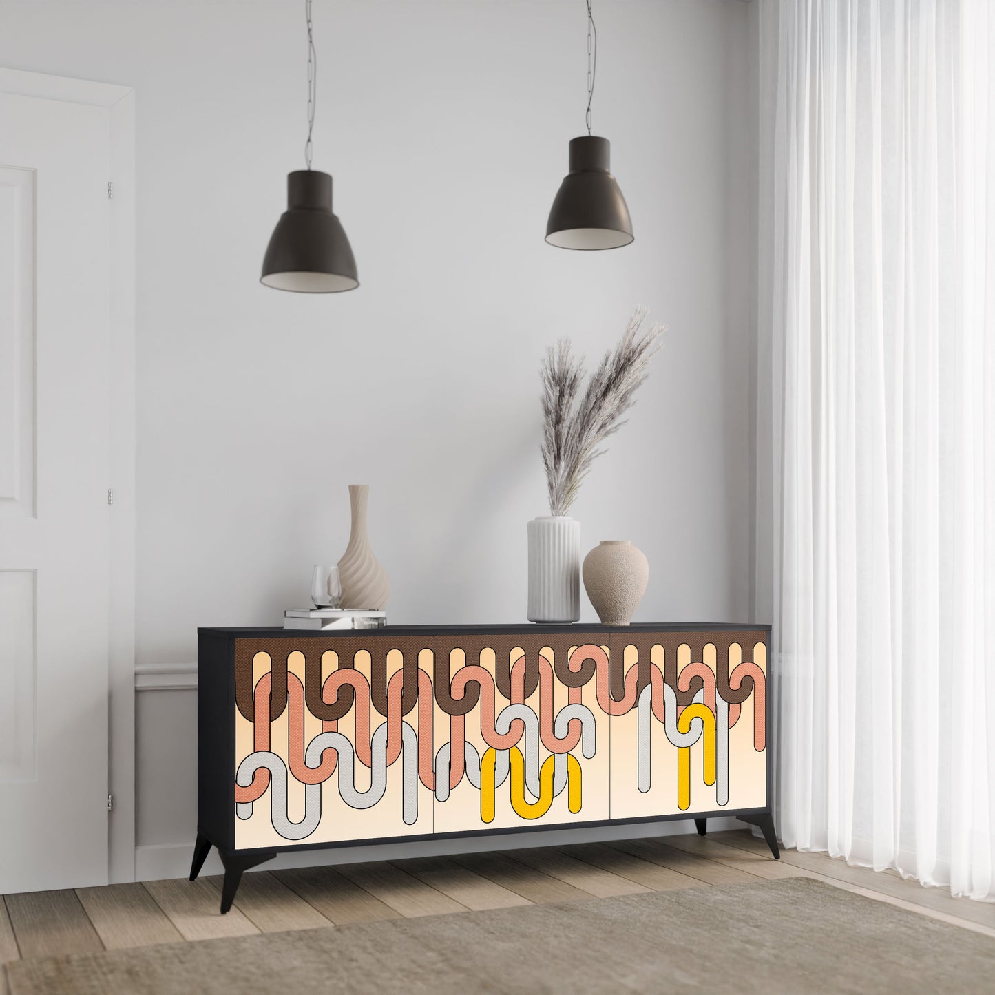 COLORFUL STRINGS 3-Door Sideboard in Black Finish