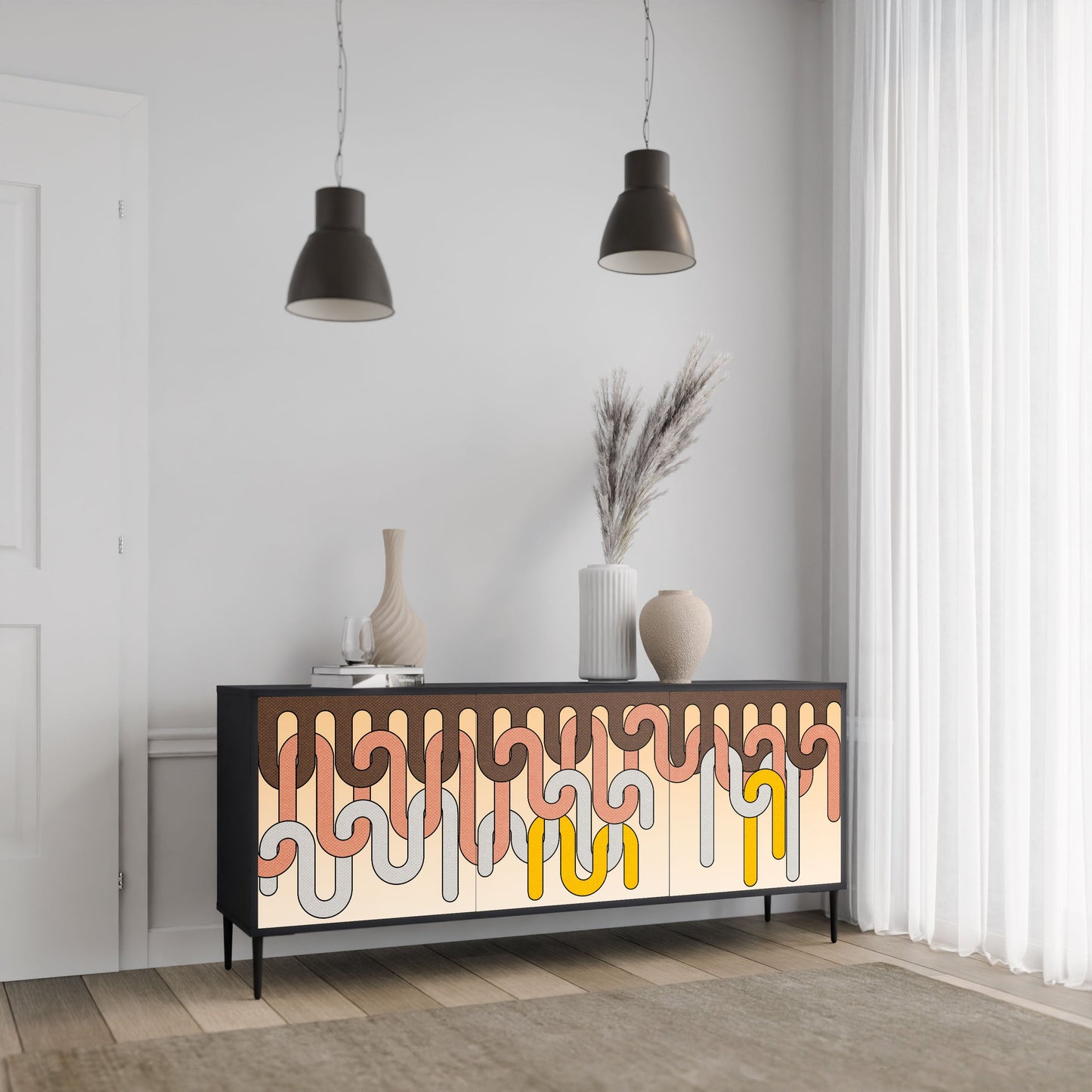 COLORFUL STRINGS 3-Door Sideboard in Black Finish