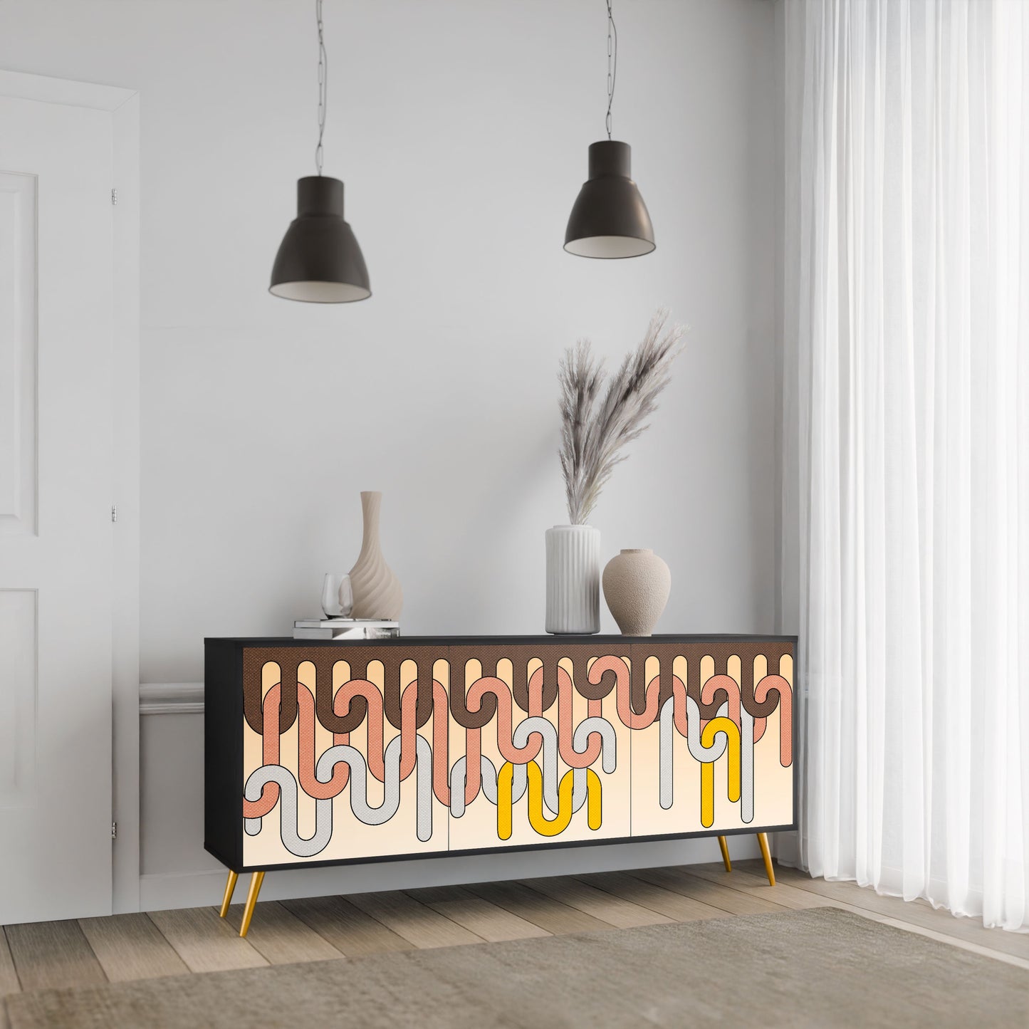 COLORFUL STRINGS 3-Door Sideboard in Black Finish