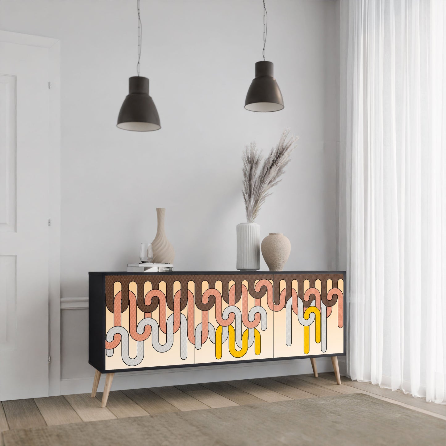 COLORFUL STRINGS 3-Door Sideboard in Black Finish