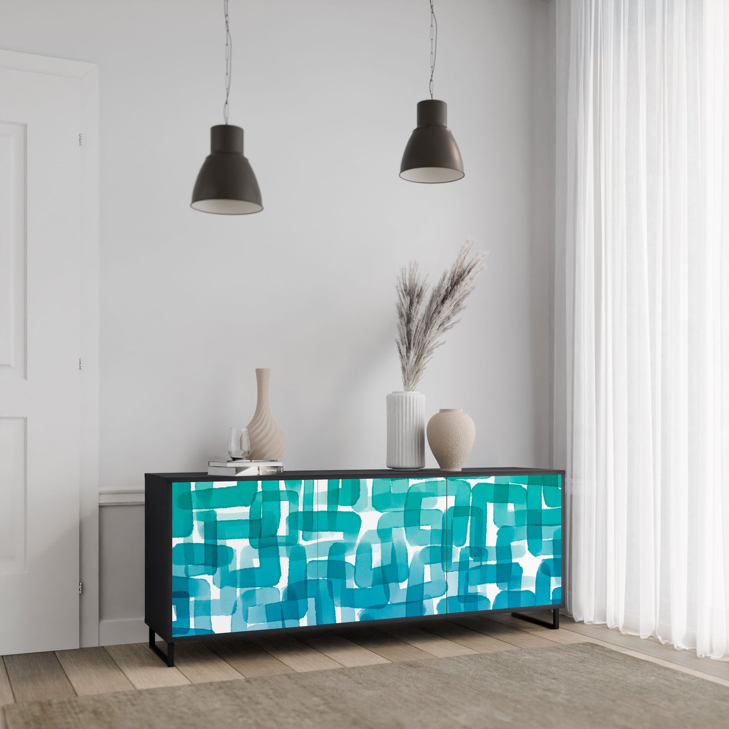 Credenza TURQUOISE RECTANGLES a 3 ante con finitura nera