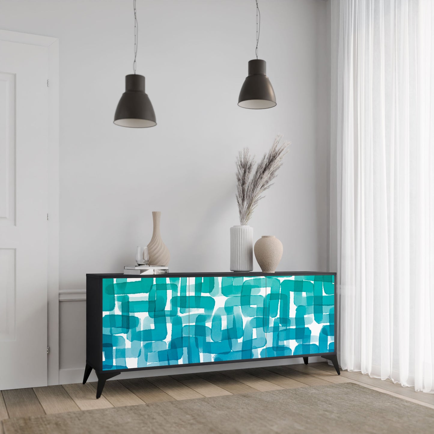 Credenza TURQUOISE RECTANGLES a 3 ante con finitura nera