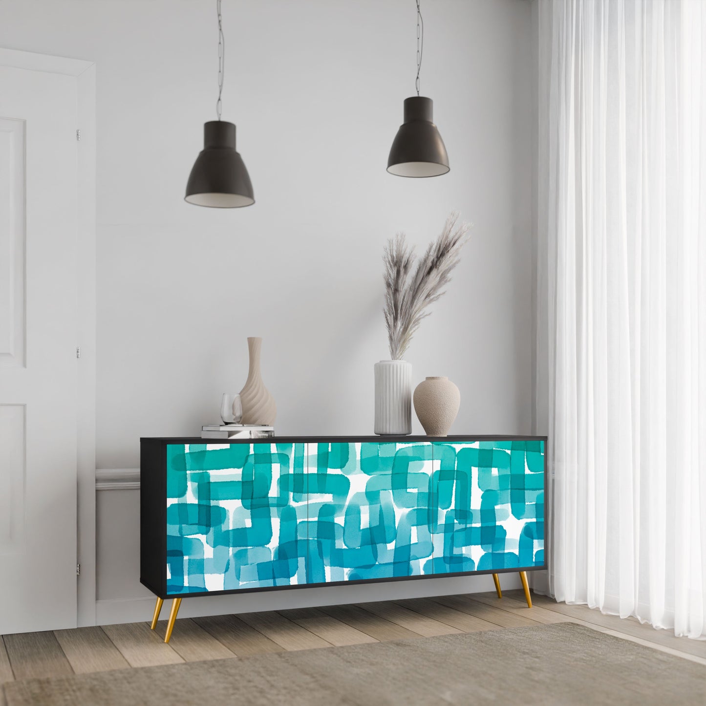 Credenza TURQUOISE RECTANGLES a 3 ante con finitura nera
