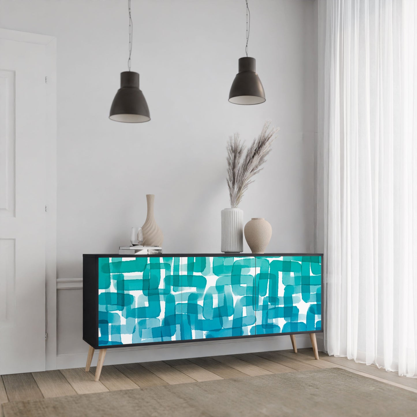 Credenza TURQUOISE RECTANGLES a 3 ante con finitura nera