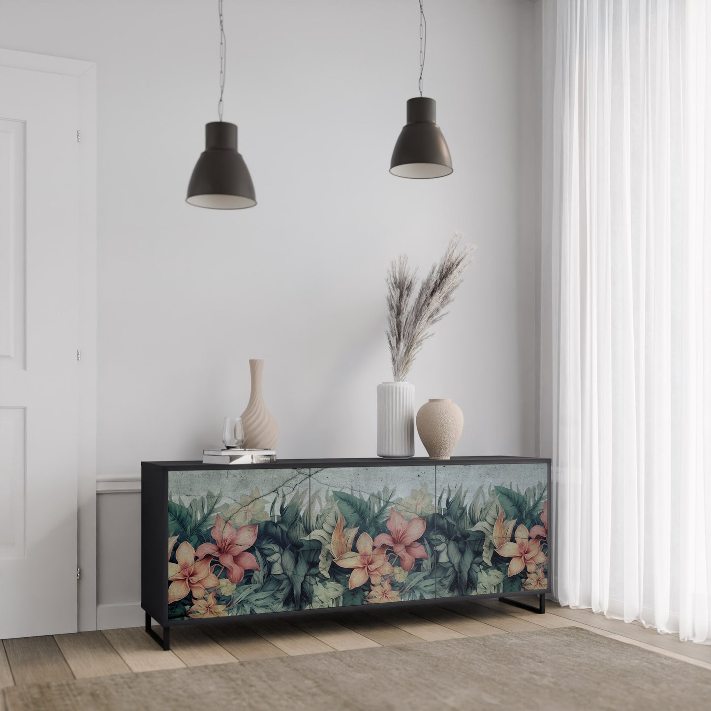 Credenza a 3 ante HEAVENLY BLOOM con finitura nera
