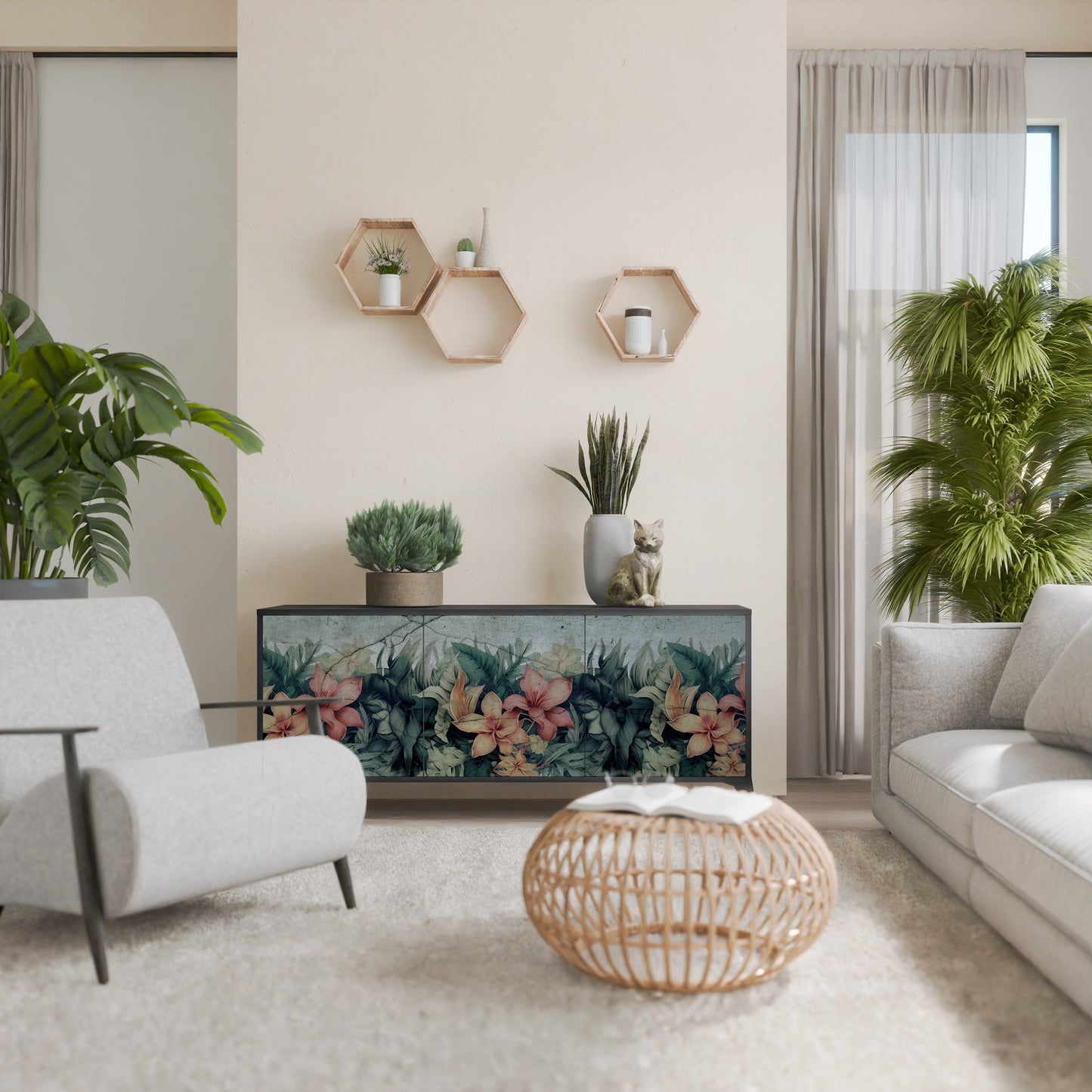 Credenza a 3 ante HEAVENLY BLOOM con finitura nera