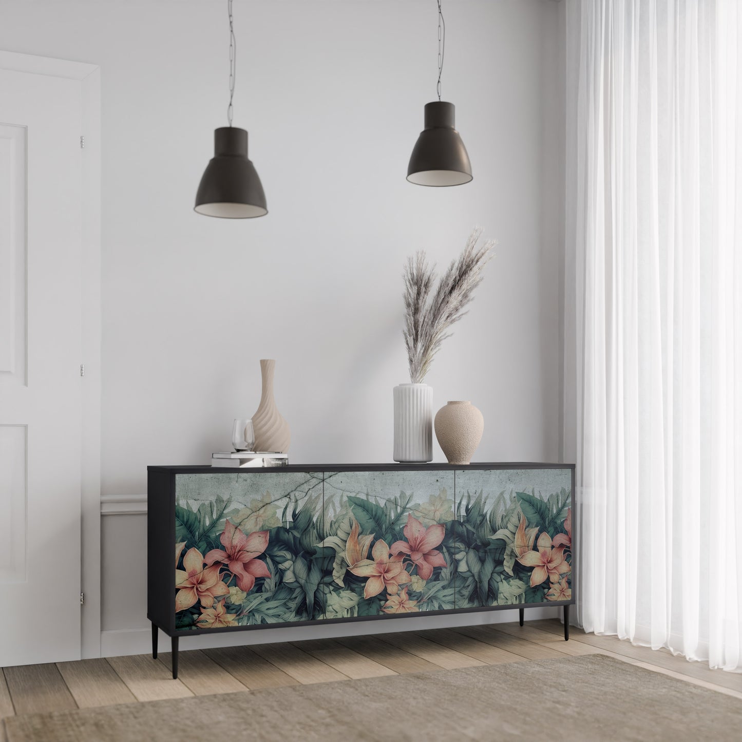 Credenza a 3 ante HEAVENLY BLOOM con finitura nera