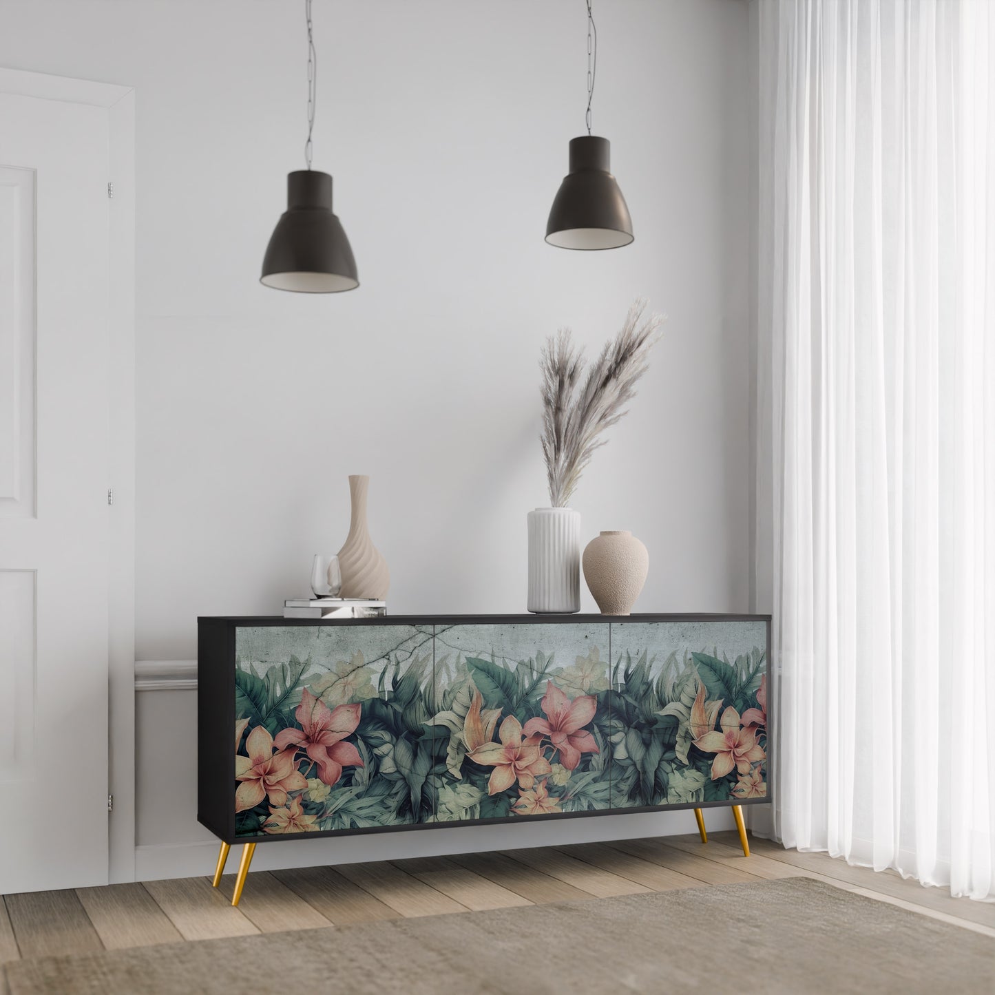 Credenza a 3 ante HEAVENLY BLOOM con finitura nera