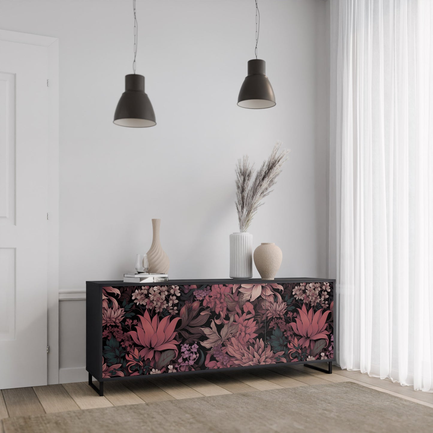 Credenza a 3 ante FLORAL WHISPER in finitura nera