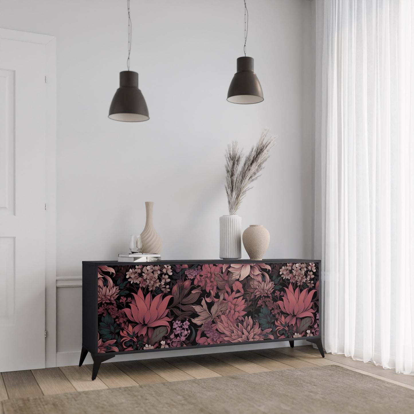Credenza a 3 ante FLORAL WHISPER in finitura nera