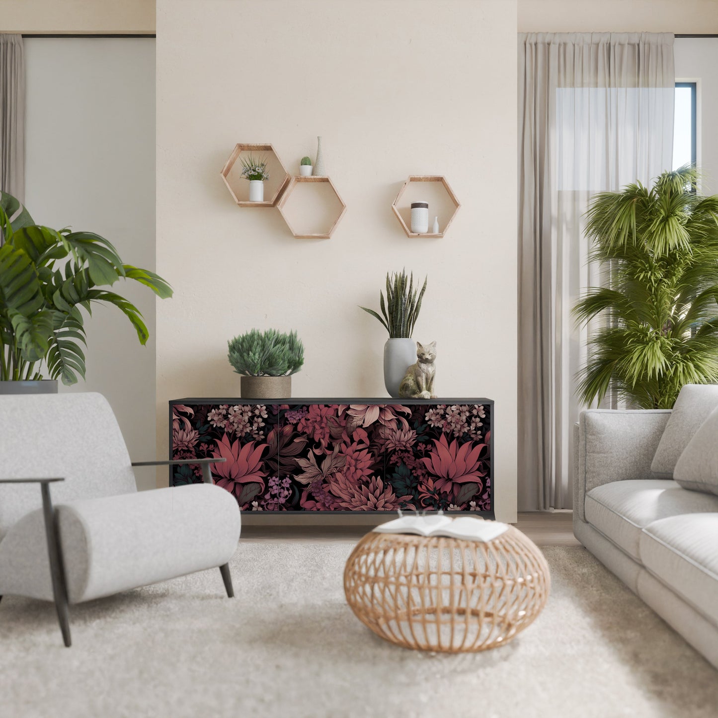 Credenza a 3 ante FLORAL WHISPER in finitura nera