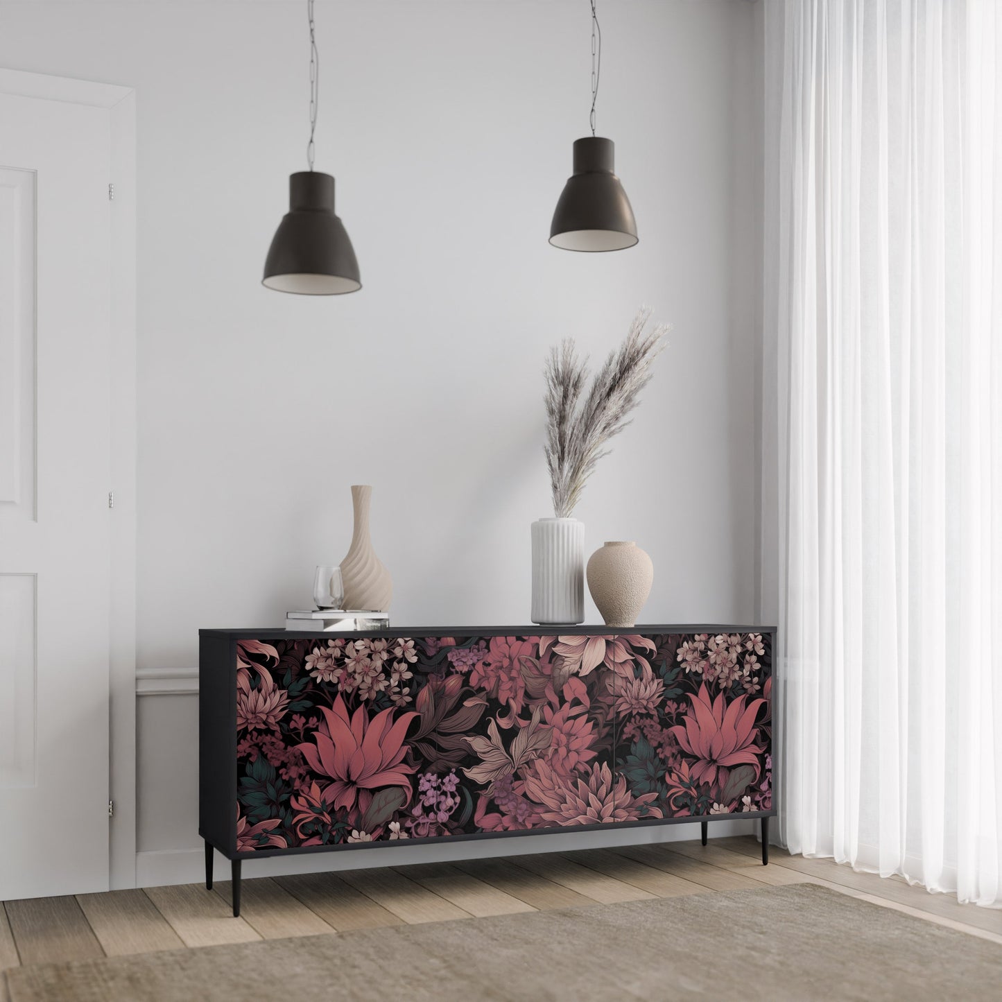 Credenza a 3 ante FLORAL WHISPER in finitura nera