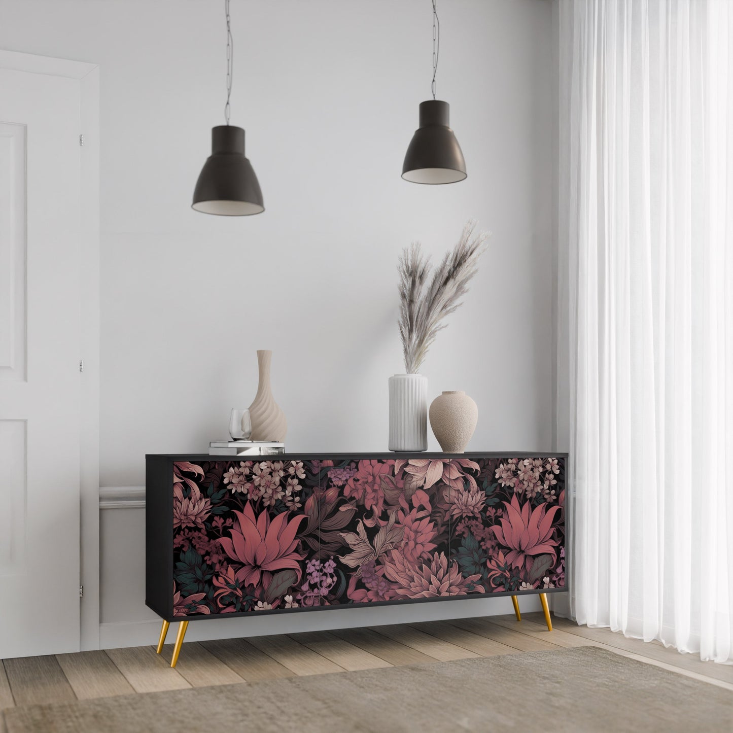 Credenza a 3 ante FLORAL WHISPER in finitura nera