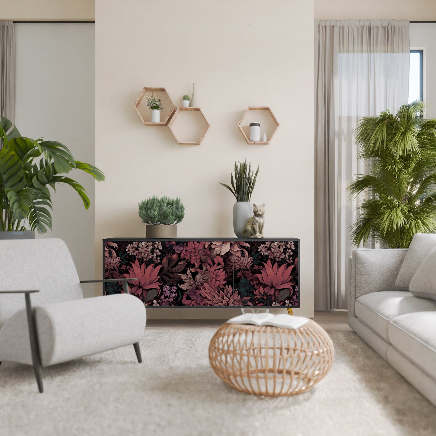 Credenza a 3 ante FLORAL WHISPER in finitura nera