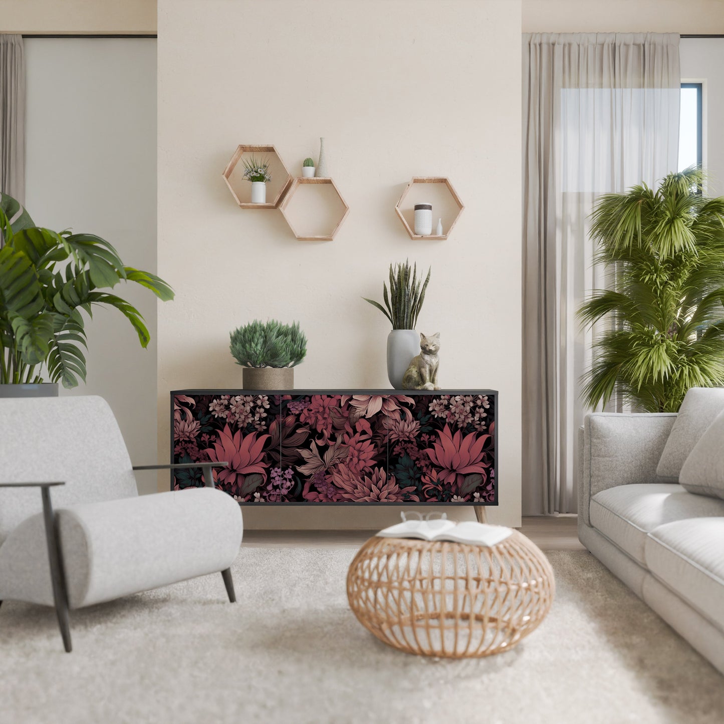 Credenza a 3 ante FLORAL WHISPER in finitura nera