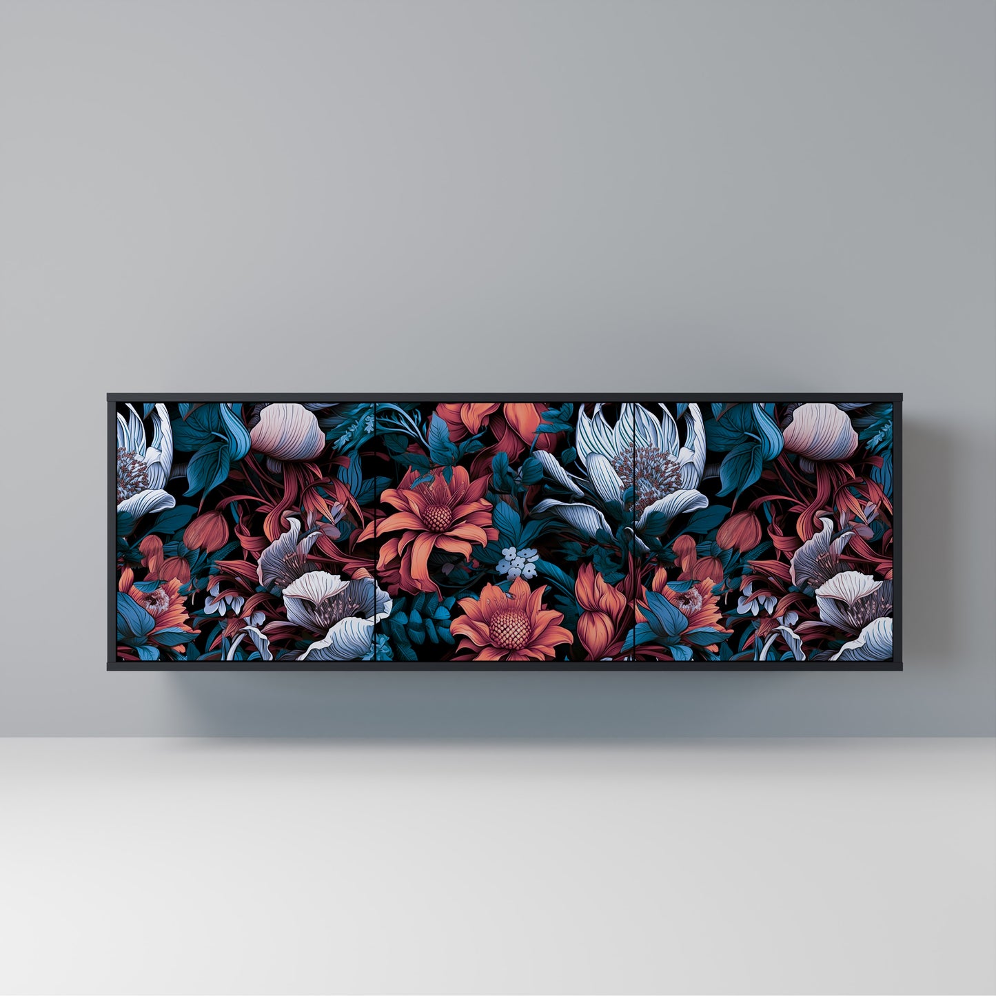 ETHEREAL BLOSSOMS Madia a 3 Ante in Finitura Nera