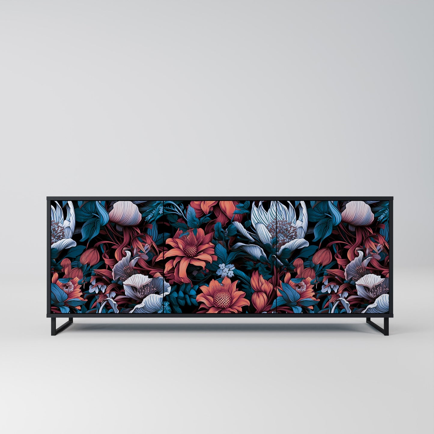 Credenza ETHEREAL BLOSSOMS a 3 ante in finitura nera