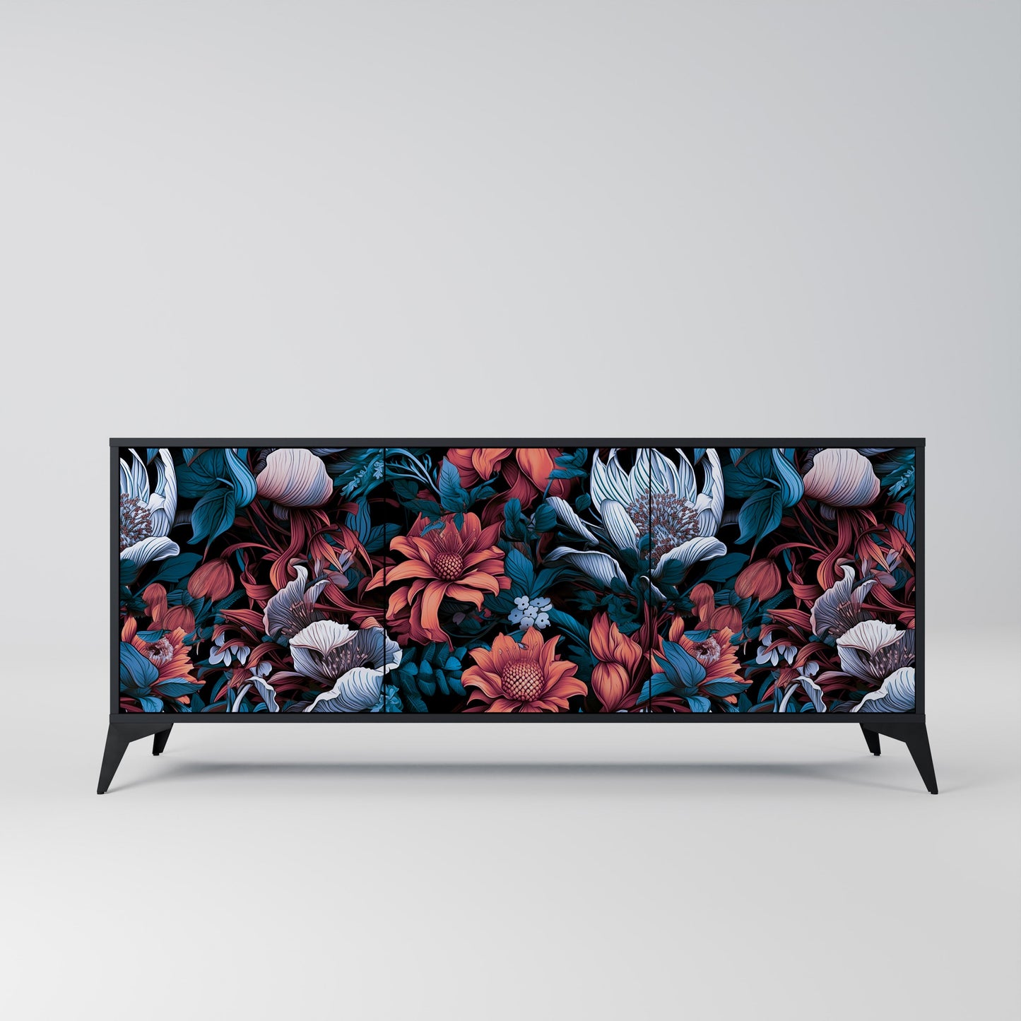 Credenza ETHEREAL BLOSSOMS a 3 ante in finitura nera